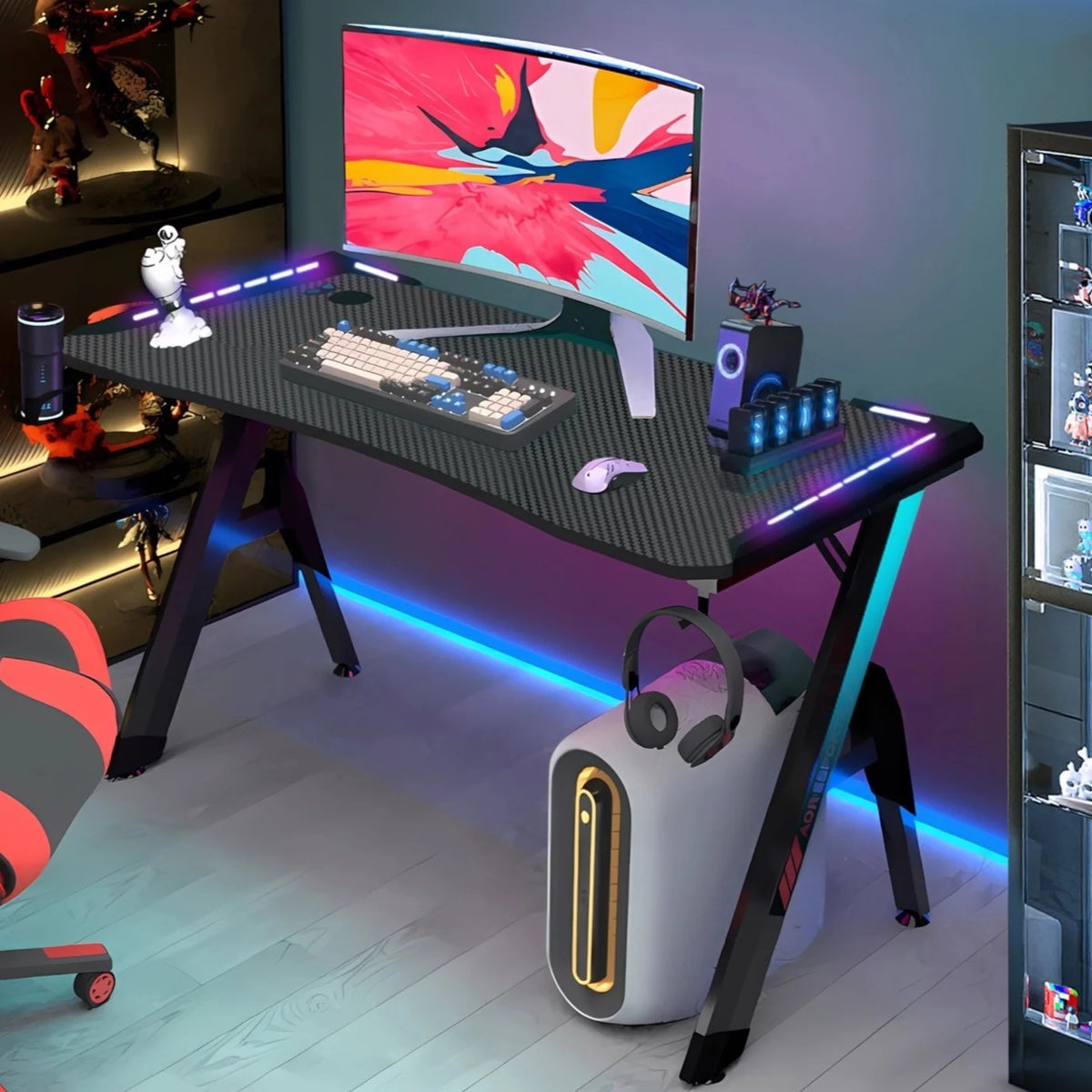 47" Ergonomic Carbon Fiber Gaming Desk with LED Lights