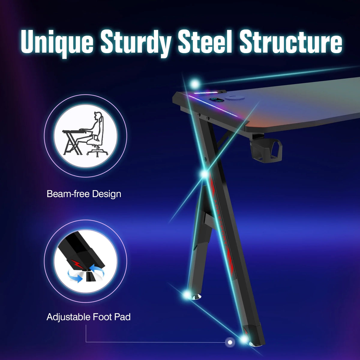 47" Ergonomic Carbon Fiber Gaming Desk with LED Lights