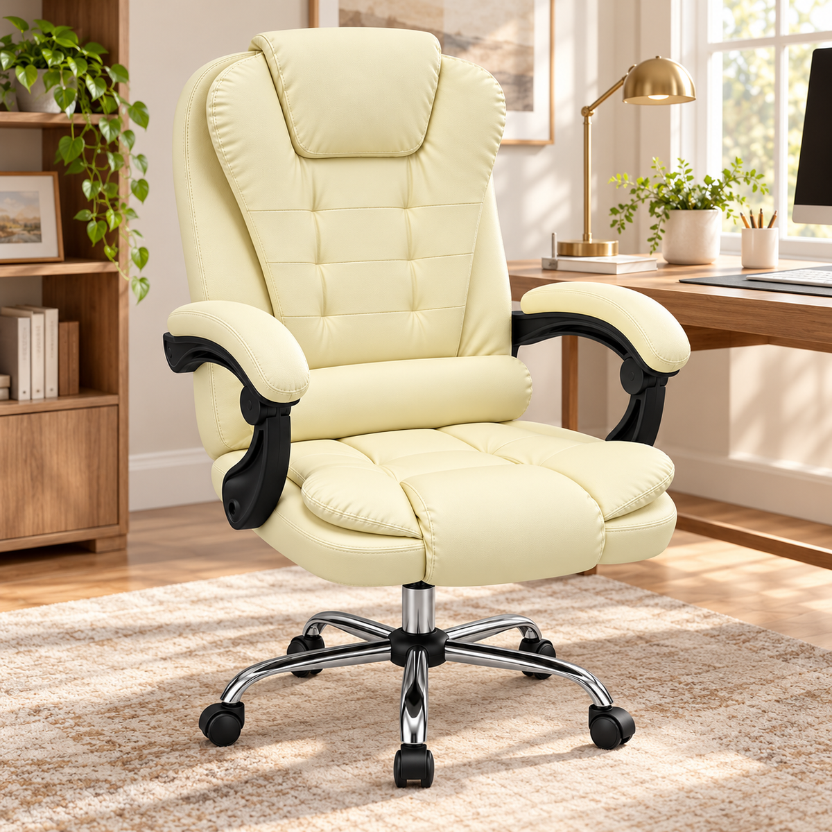 Cream High Back Executive Office Chair with Padded Armrests, Cushioned Swivel Desk Chair