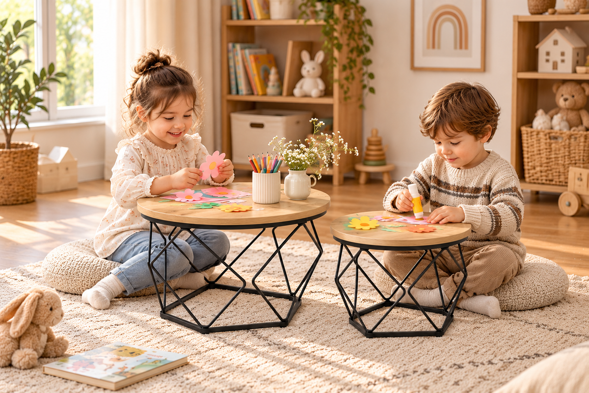 2-Piece Round Nesting Coffee Table Set – Rustic Brown & Black Metal, Industrial Style