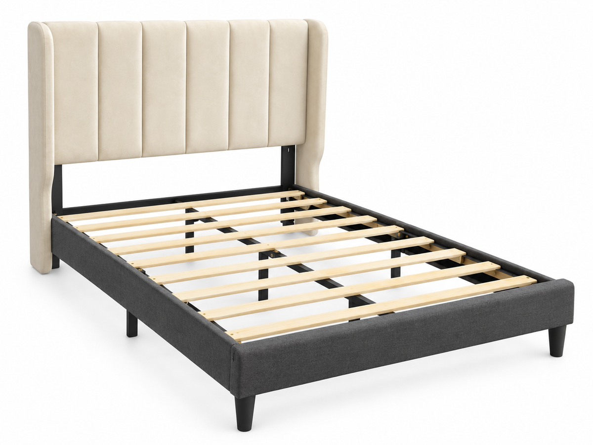Modern Cream White Upholstered Platform Bed Frame with Vertical Channel Headboard – Twin, Full, Queen & King