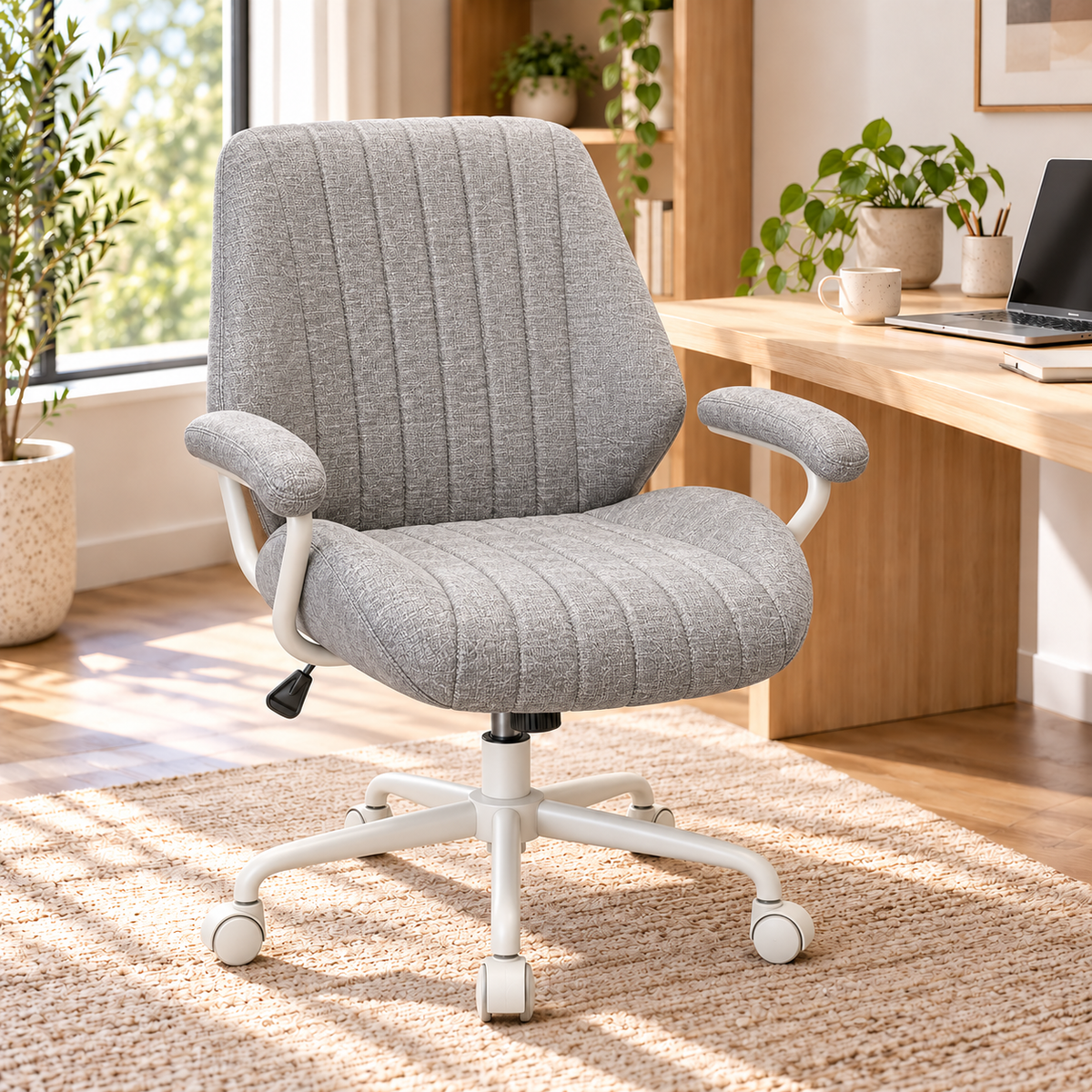 Grey Fabric Office Chair with Padded Armrests, Height Adjustable Swivel Desk Chair