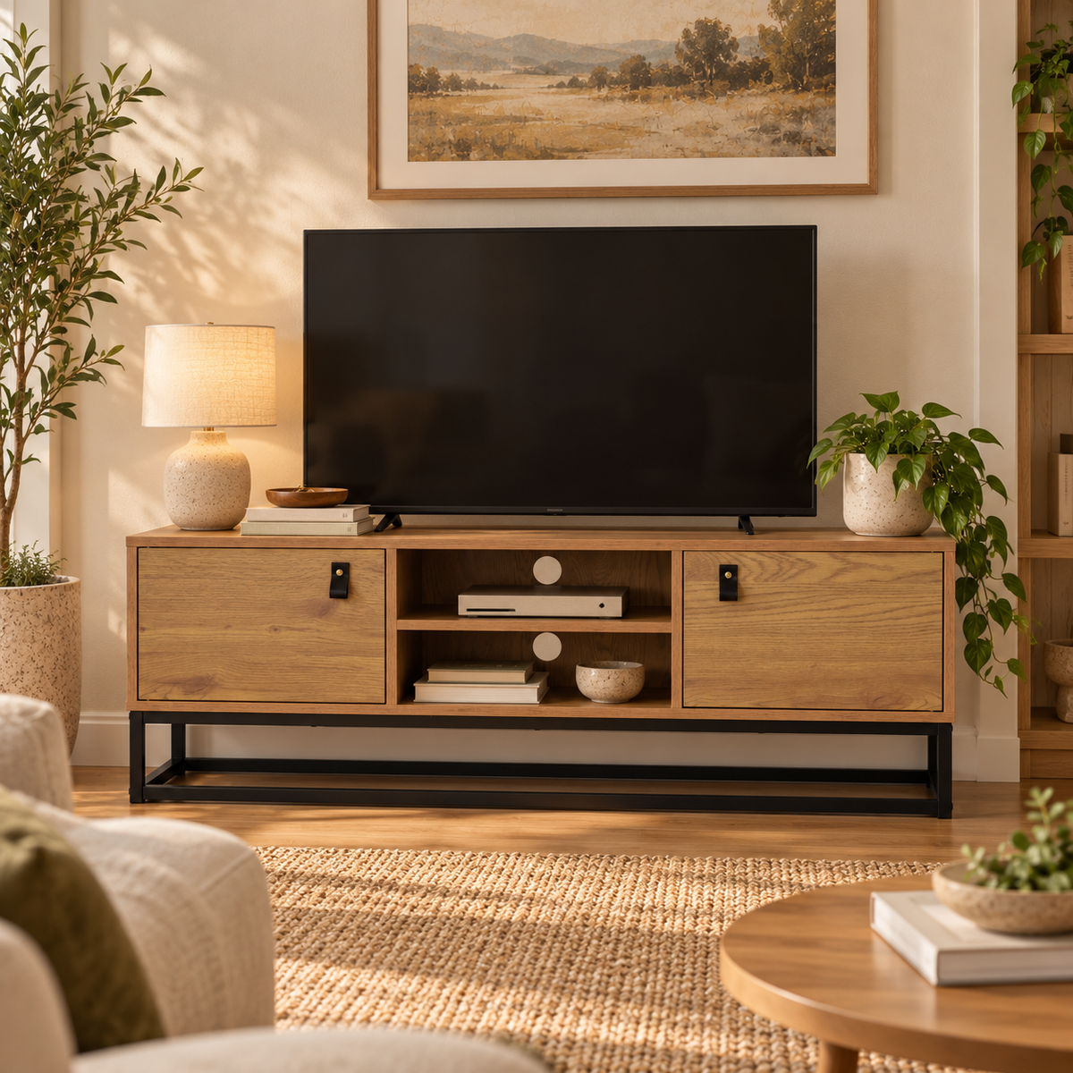 Industrial 2-Door TV Stand with Wood Finish and Black Metal Frame