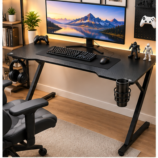 47 Inch Z-Shaped Gaming Desk with Cup Holder – Black