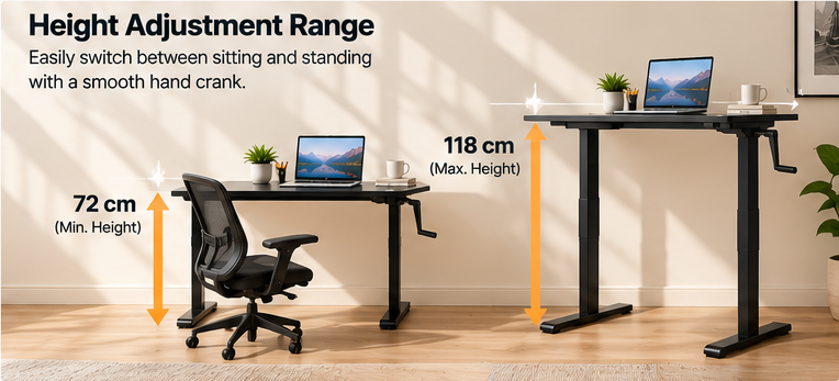 Manual Height Adjustable Standing Desk with Hand Crank, Sit-Stand Computer Desk, Black – 120 cm / 140 cm