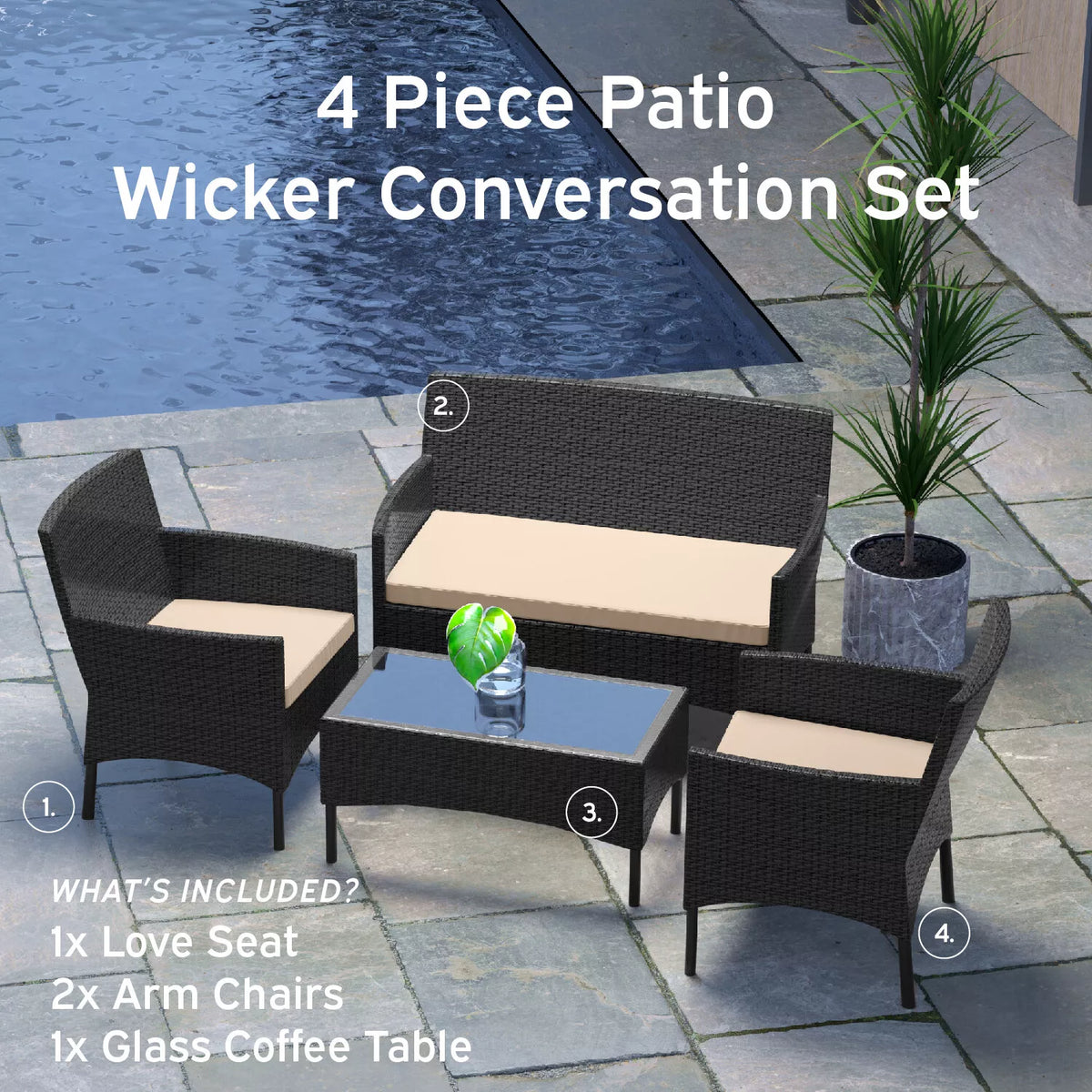 4 Piece Patio Outdoor Chairs set with Table, Outdoor Wicker Furniture set