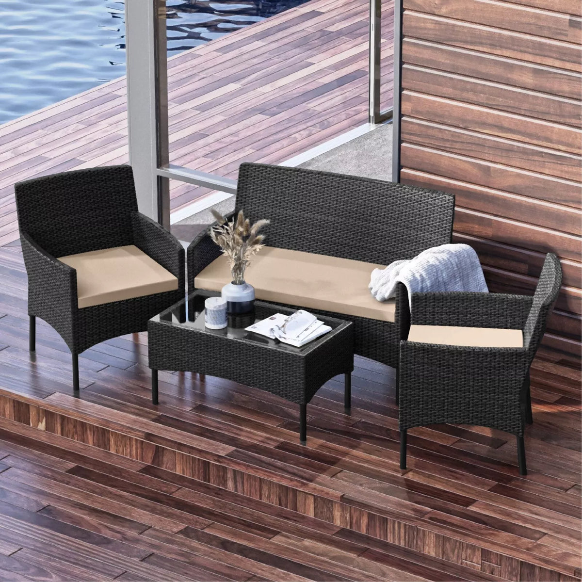 4 Piece Patio Outdoor Chairs set with Table, Outdoor Wicker Furniture set