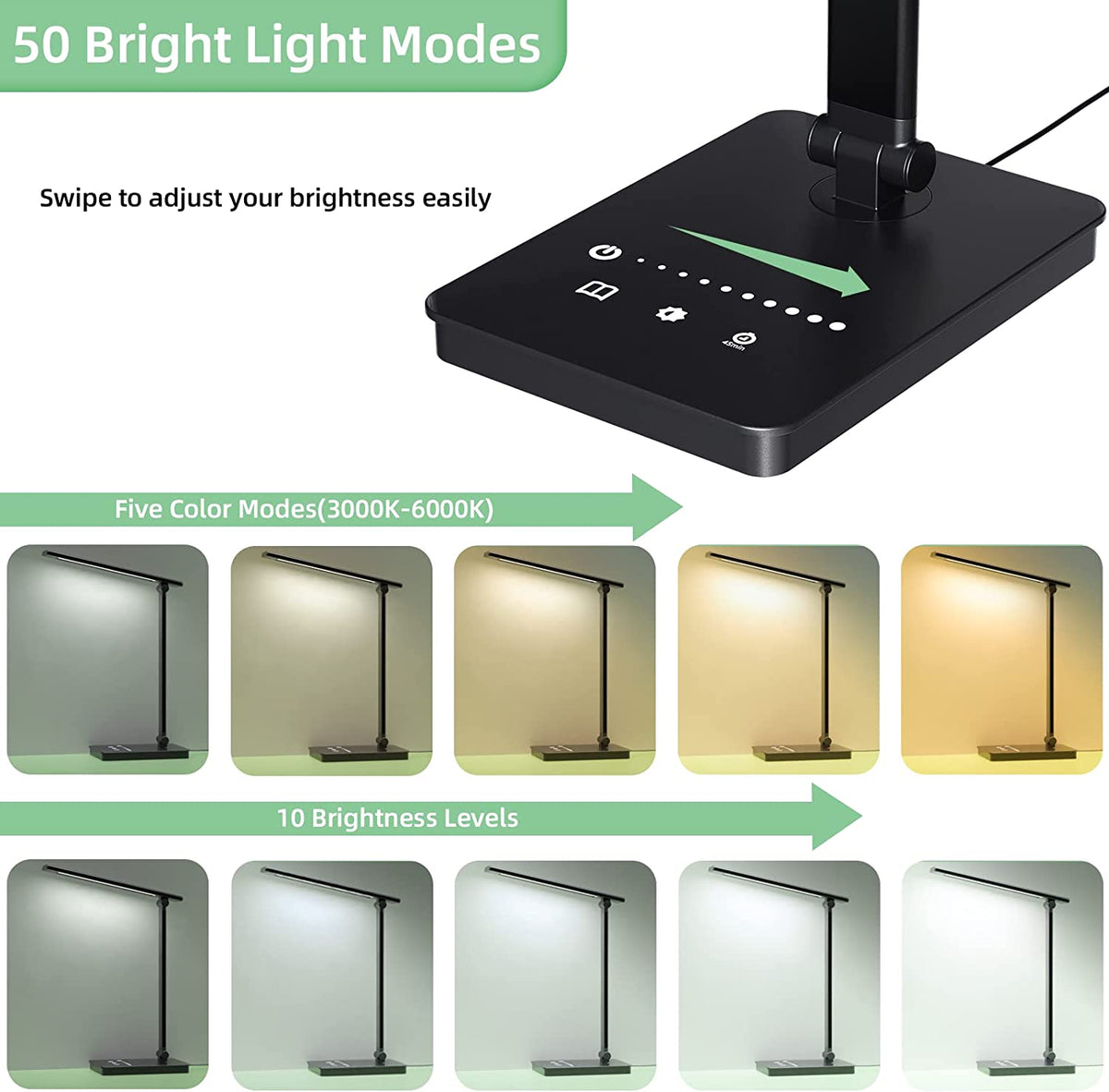 Desk Lamp 3 Modes 5 Dimmable Levels Touch USB Powered Reading Light Eye Protect with Timer Table Lamp