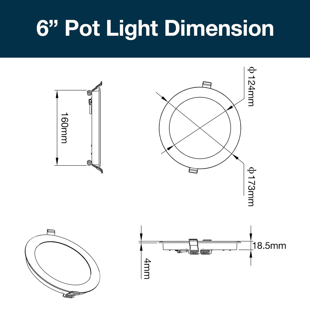 6 Inch 3 CCT LED Recessed Slim Pot Light with Junction Box, 3 CCT, 15W 1050LM