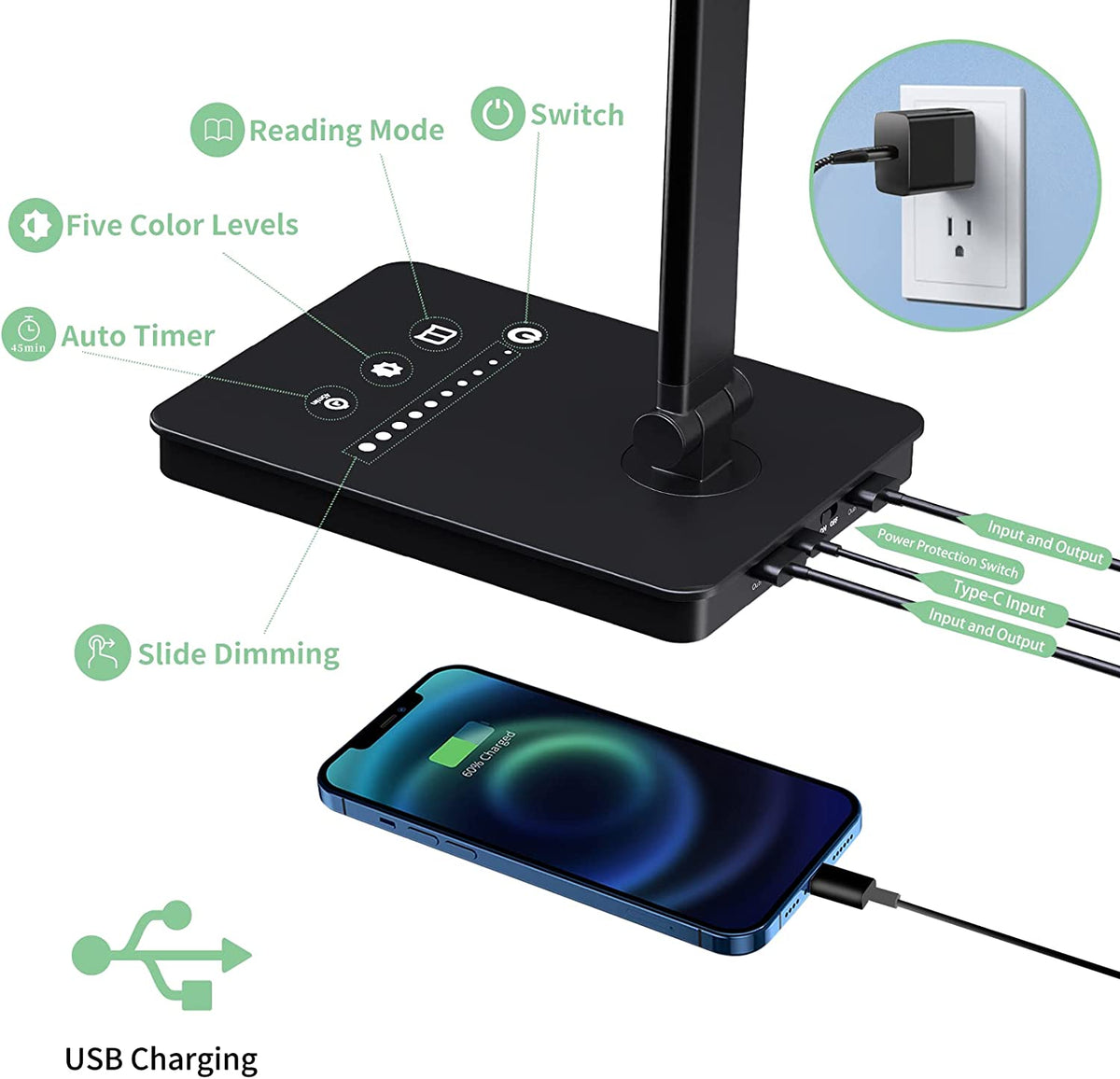 Desk Lamp 3 Modes 5 Dimmable Levels Touch USB Powered Reading Light Eye Protect with Timer Table Lamp