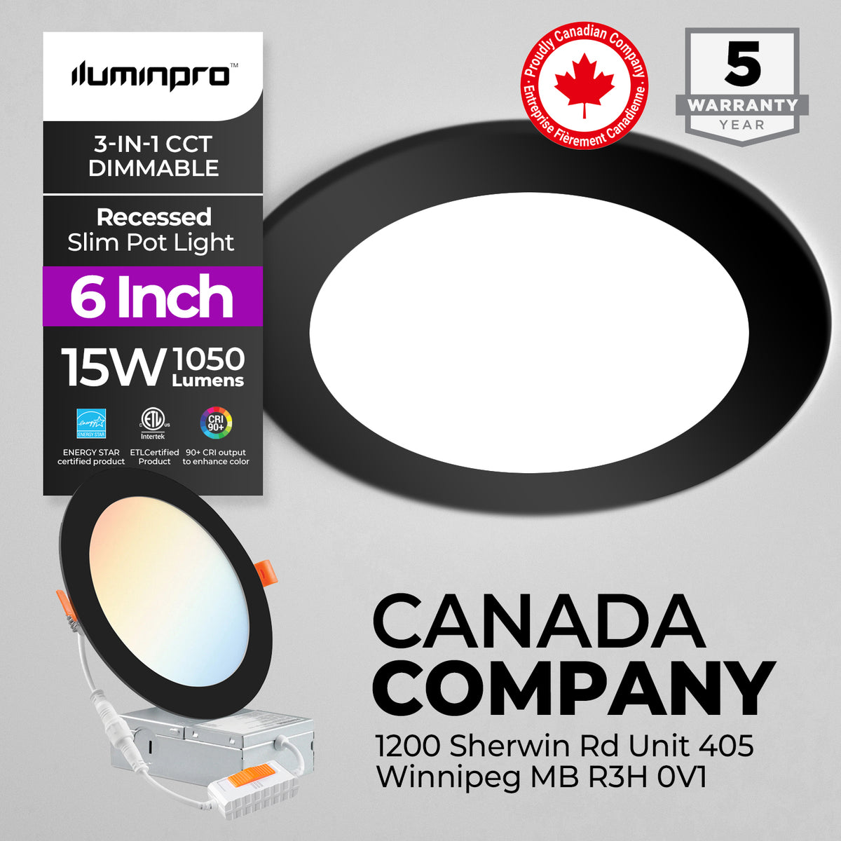 4 Inch 3 CCT LED Recessed Slim Pot Light with Junction Box, 3 CCT, 9W 750LM