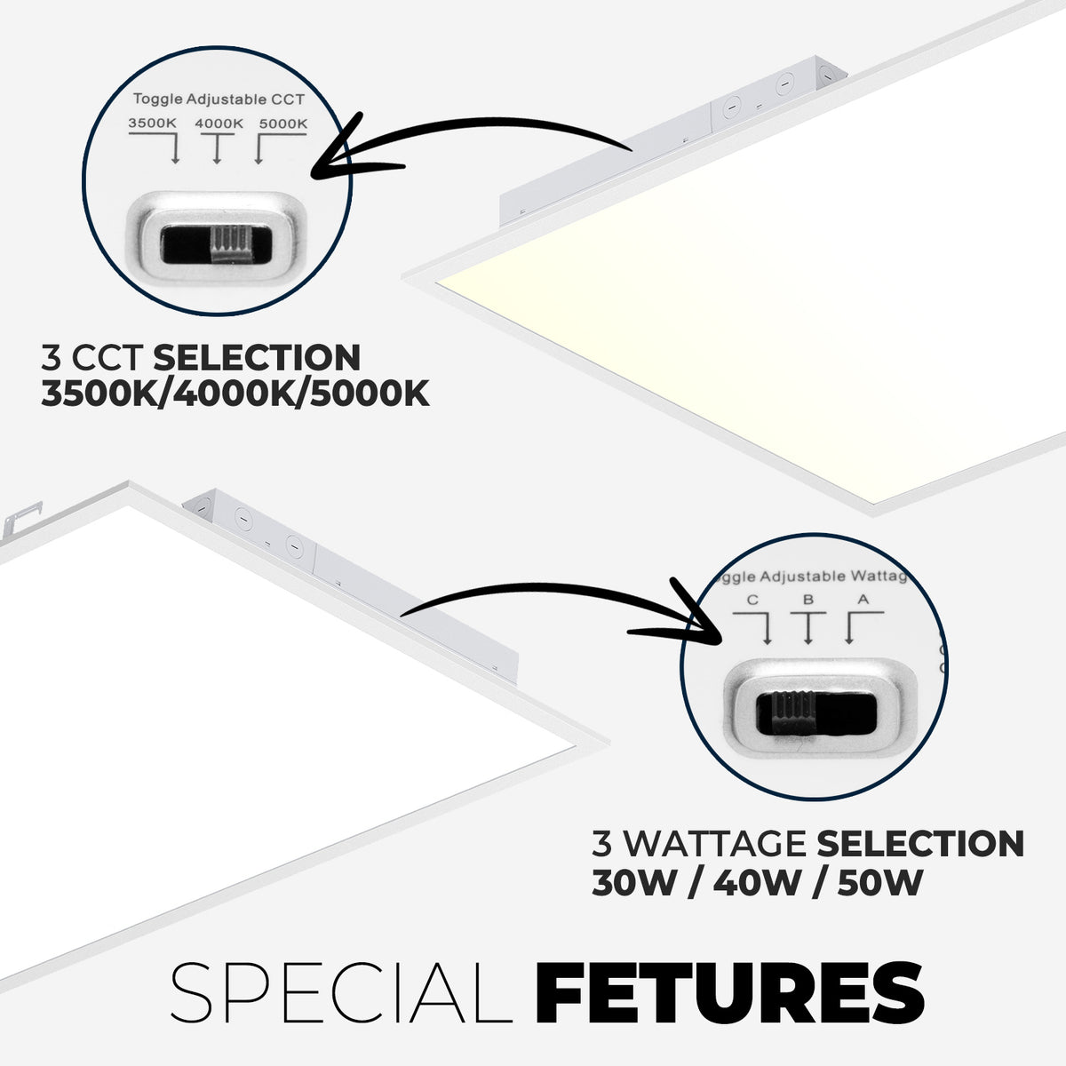 2x4 FT LED Panel Light, 35W/40W/50W, SELECTABLE WATTAGE & CCT, 3CCT, ETL, FC, CE Certified