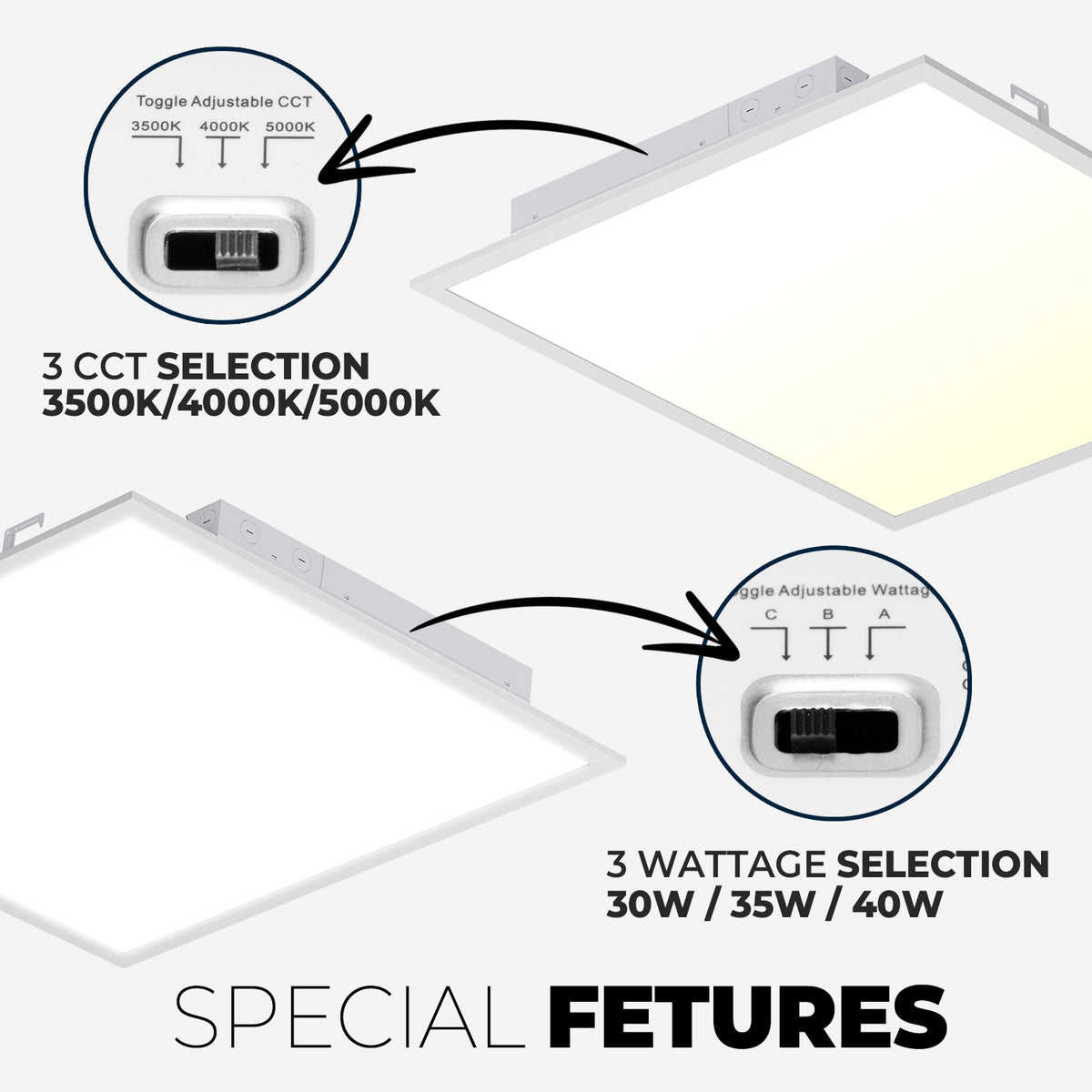 2x2 FT LED Panel Light, 30W/35W/40W, SELECTABLE WATTAGE & CCT, 3CCT, ETL, FC, CE Certified