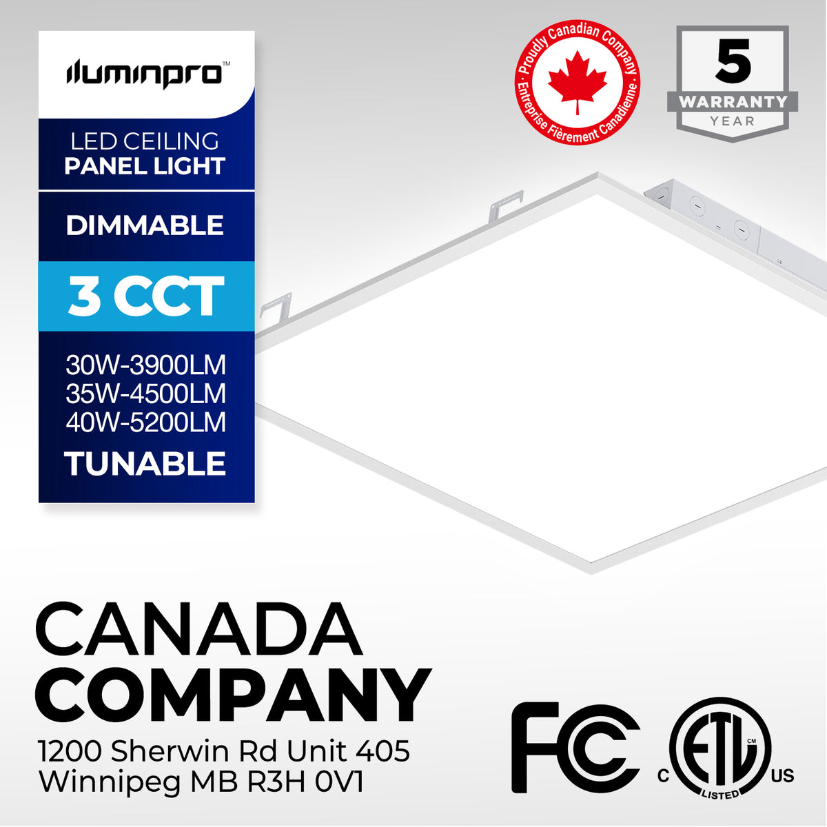 2x2 FT LED Panel Light, 30W/35W/40W, SELECTABLE WATTAGE & CCT, 3CCT, ETL, FC, CE Certified