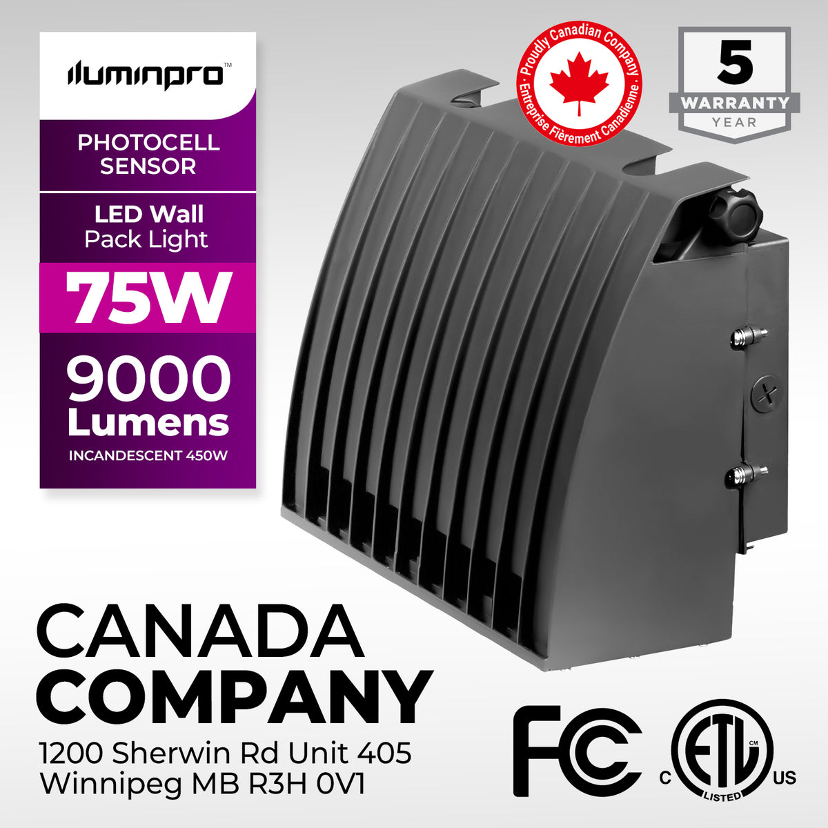 75W LED Wall Pack, 5000K 9000LM, Dusk-to-dawn Photocell, Adjustable Head, Full Cut-off Security Light, ETL listed