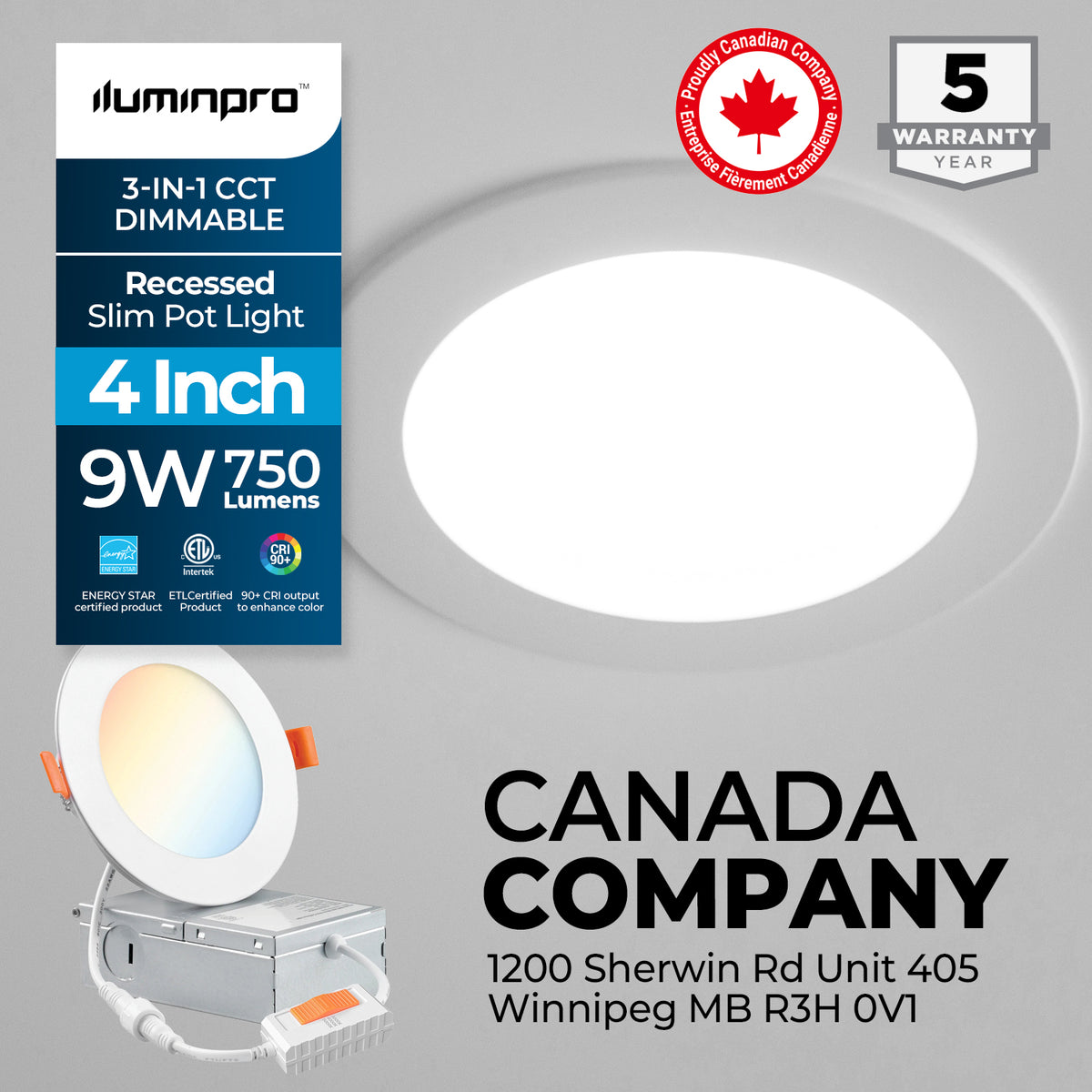 4 Inch 3 CCT LED Recessed Slim Pot Light with Junction Box, 3 CCT, 9W 750LM