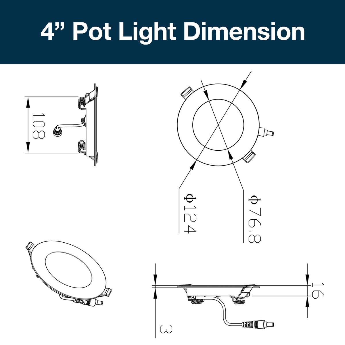 4 Inch 3 CCT LED Recessed Slim Pot Light with Junction Box, 3 CCT, 9W 750LM