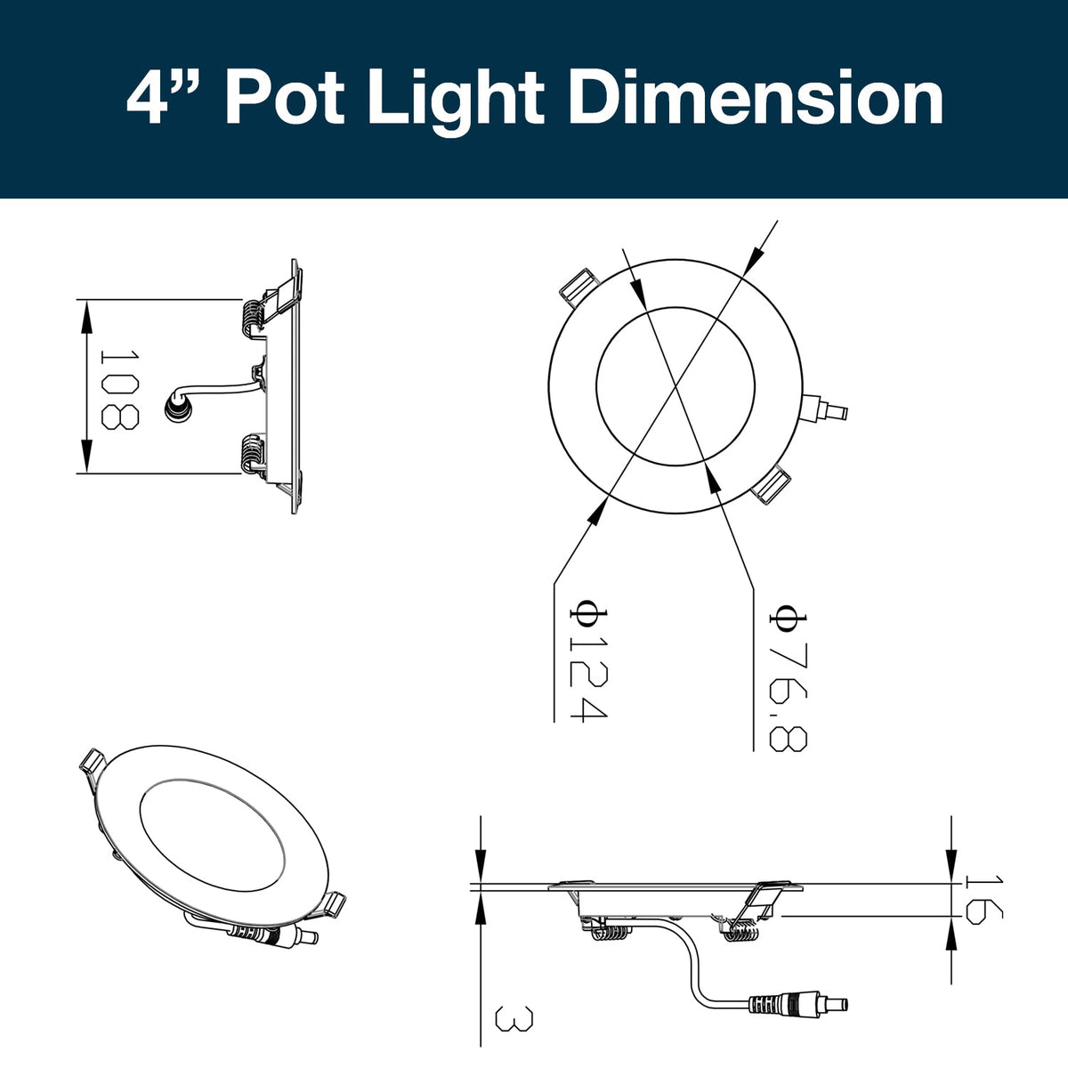4 Inch 3 CCT LED Recessed Slim Pot Light with Junction Box, 3 CCT, 9W 750LM