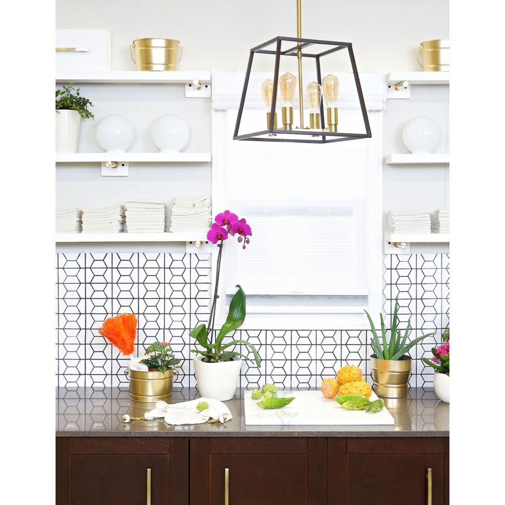 4 Light 60W Gold Pendant Light Fixture with Dark Bronze Metal Frame Shade